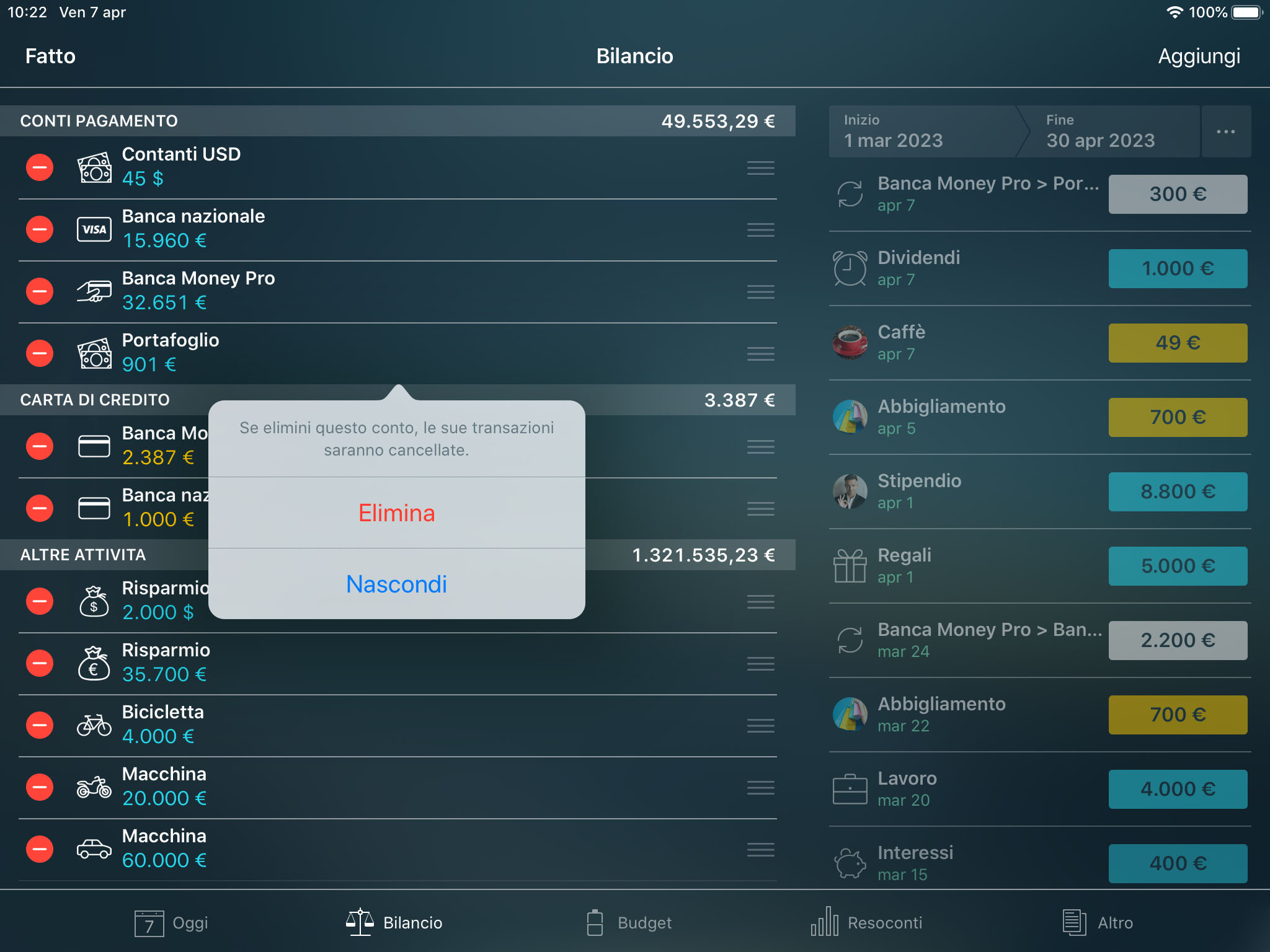 Money Tracker - Eliminazione di un conto - iPad