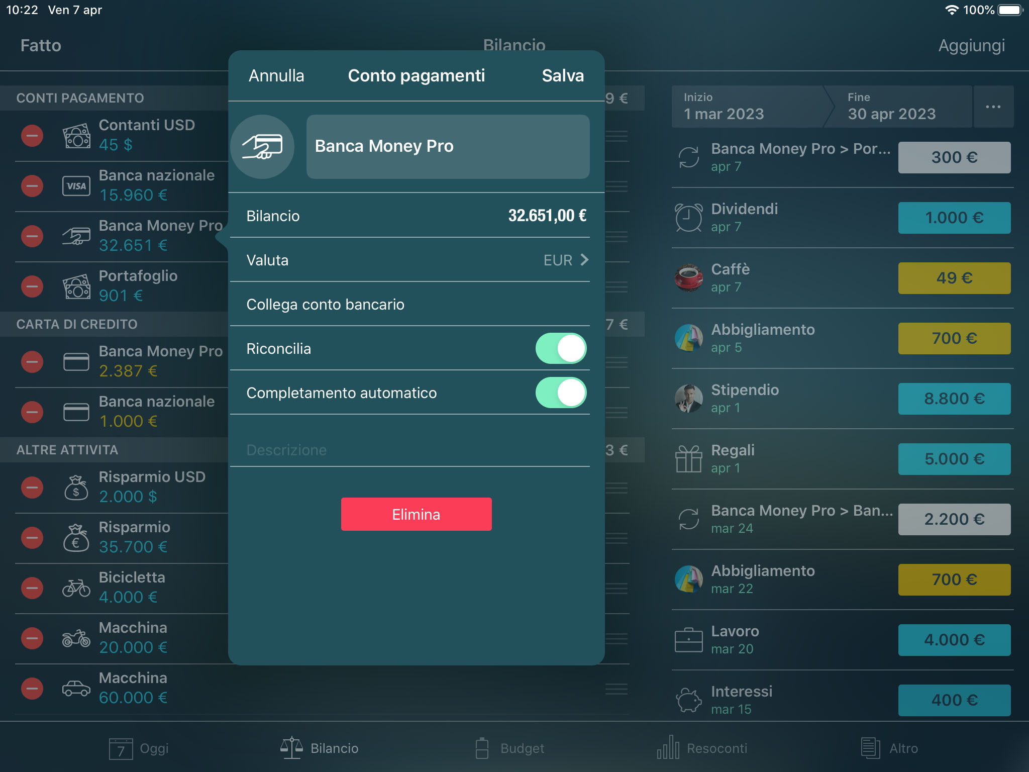 Money Tracker - Conti - Dettagli del conto - iPad