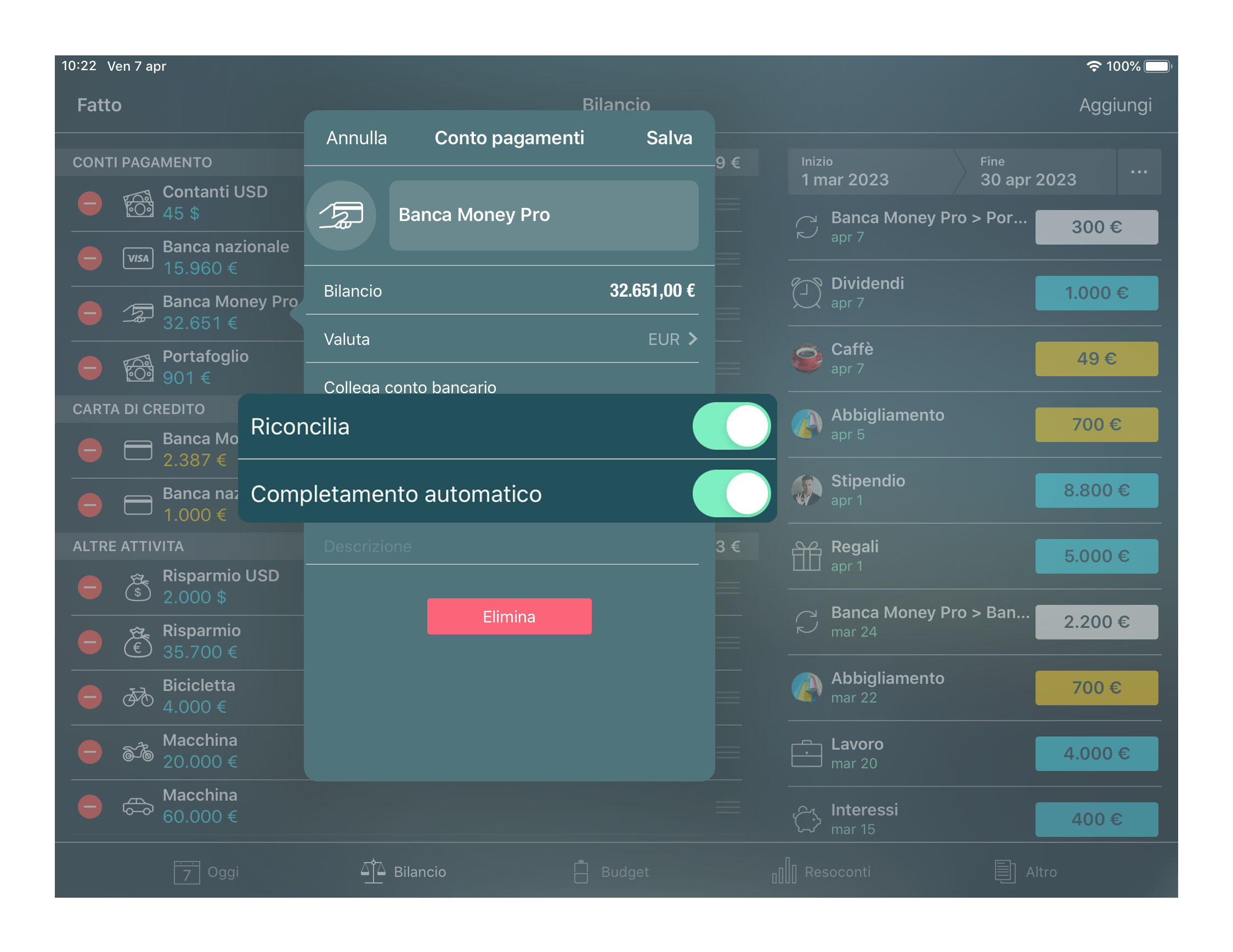 Money Tracker - Riconciliazione dei conti - iPad