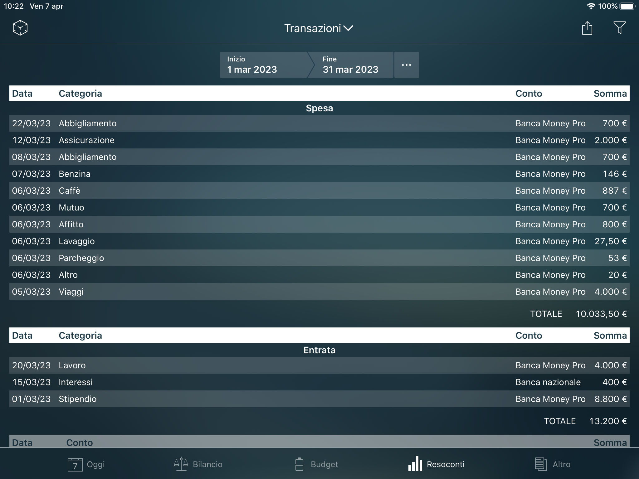 Money Tracker - Resoconto Transazioni - iPad