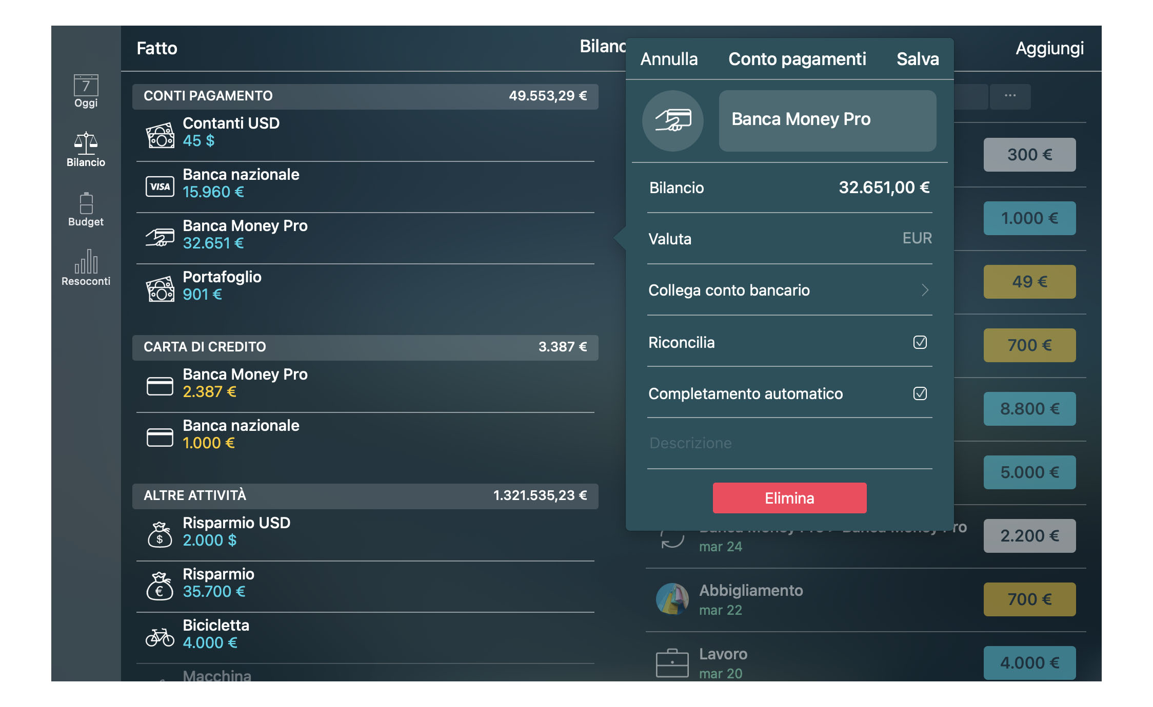 Money Tracker - Conti - Dettagli del conto - Mac
