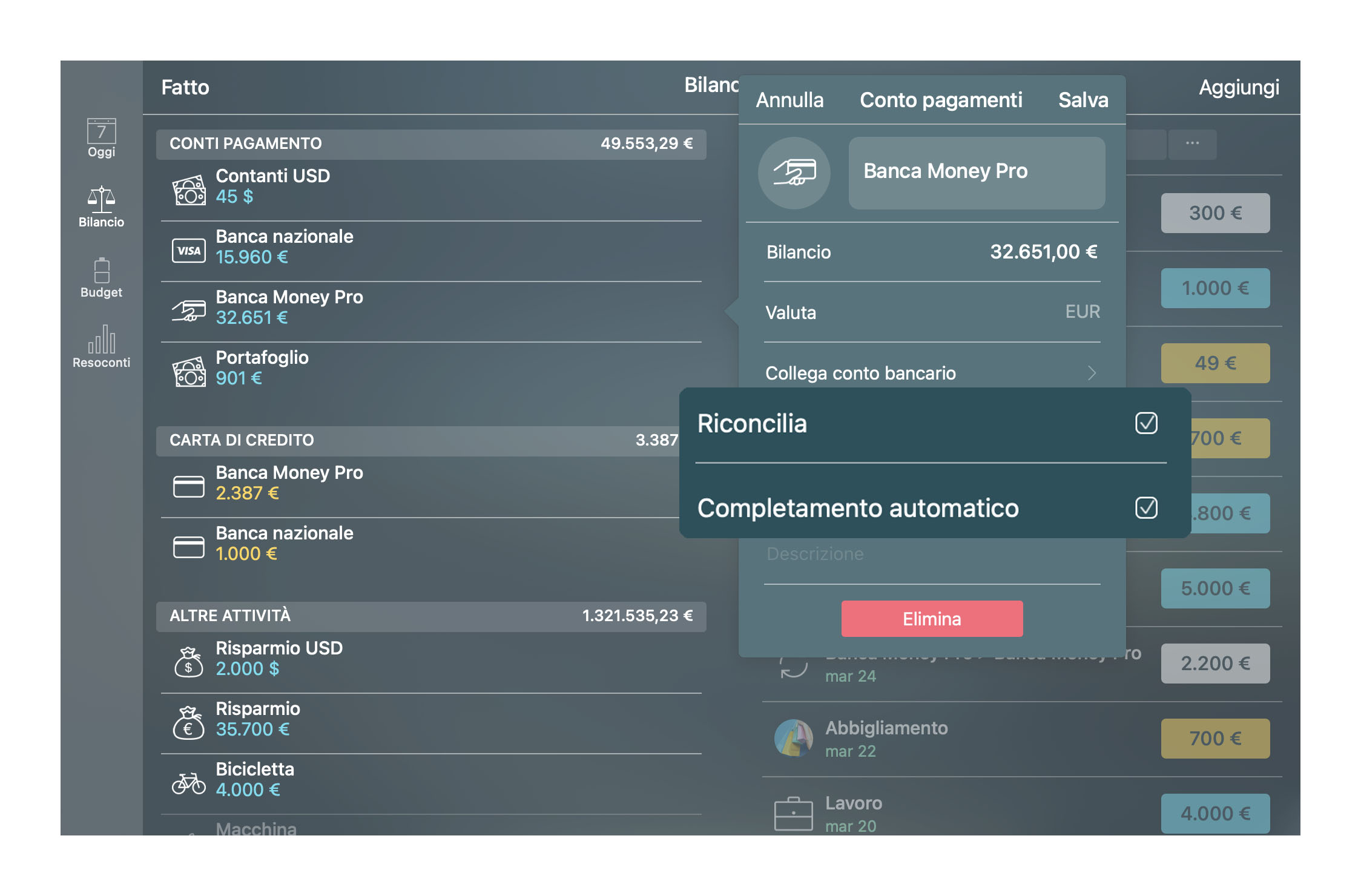Money Tracker - Riconciliazione dei conti - Mac