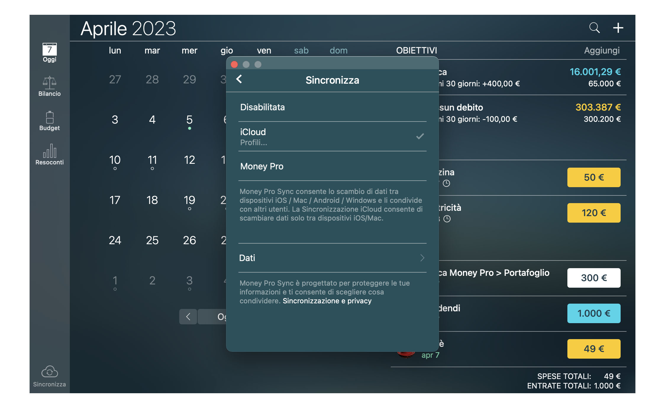 Money Tracker - Sincronizzazione iCloud (iOS, Mac) - Mac